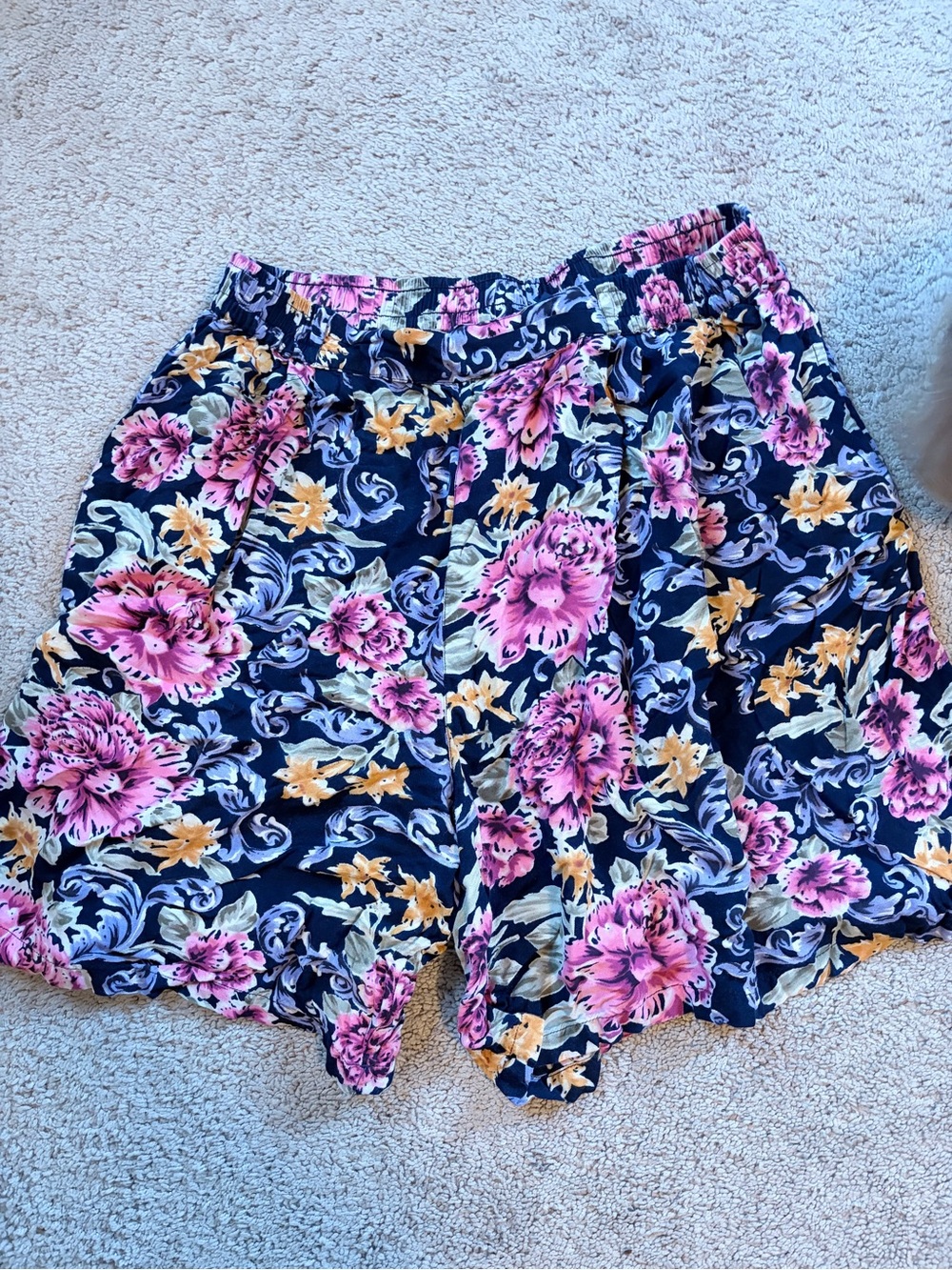 Casual Corner Navy Floral Bermuda Shorts with Pink & Yellow Blooms